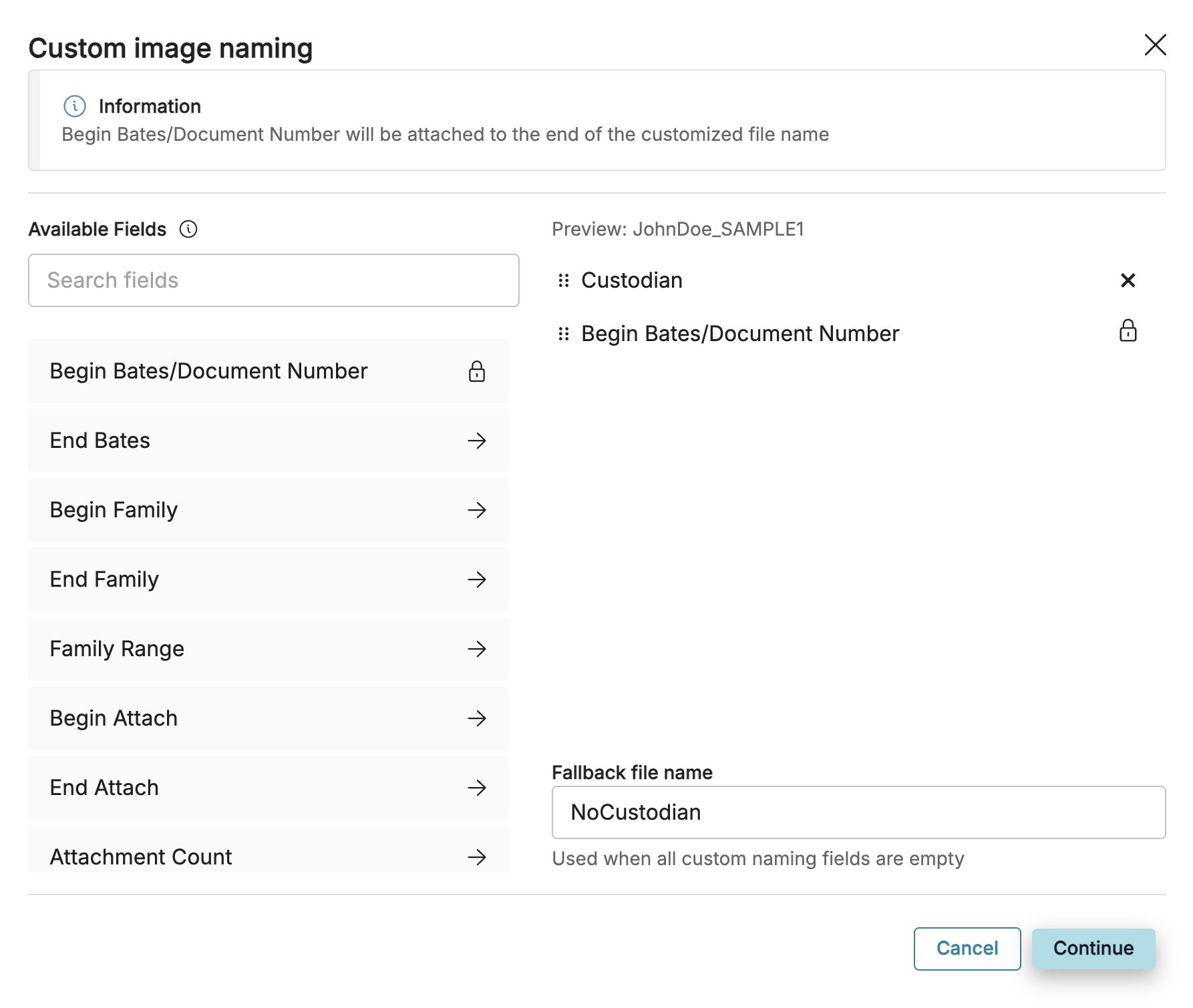 Custom image naming interface displaying fields for document naming options and preview.